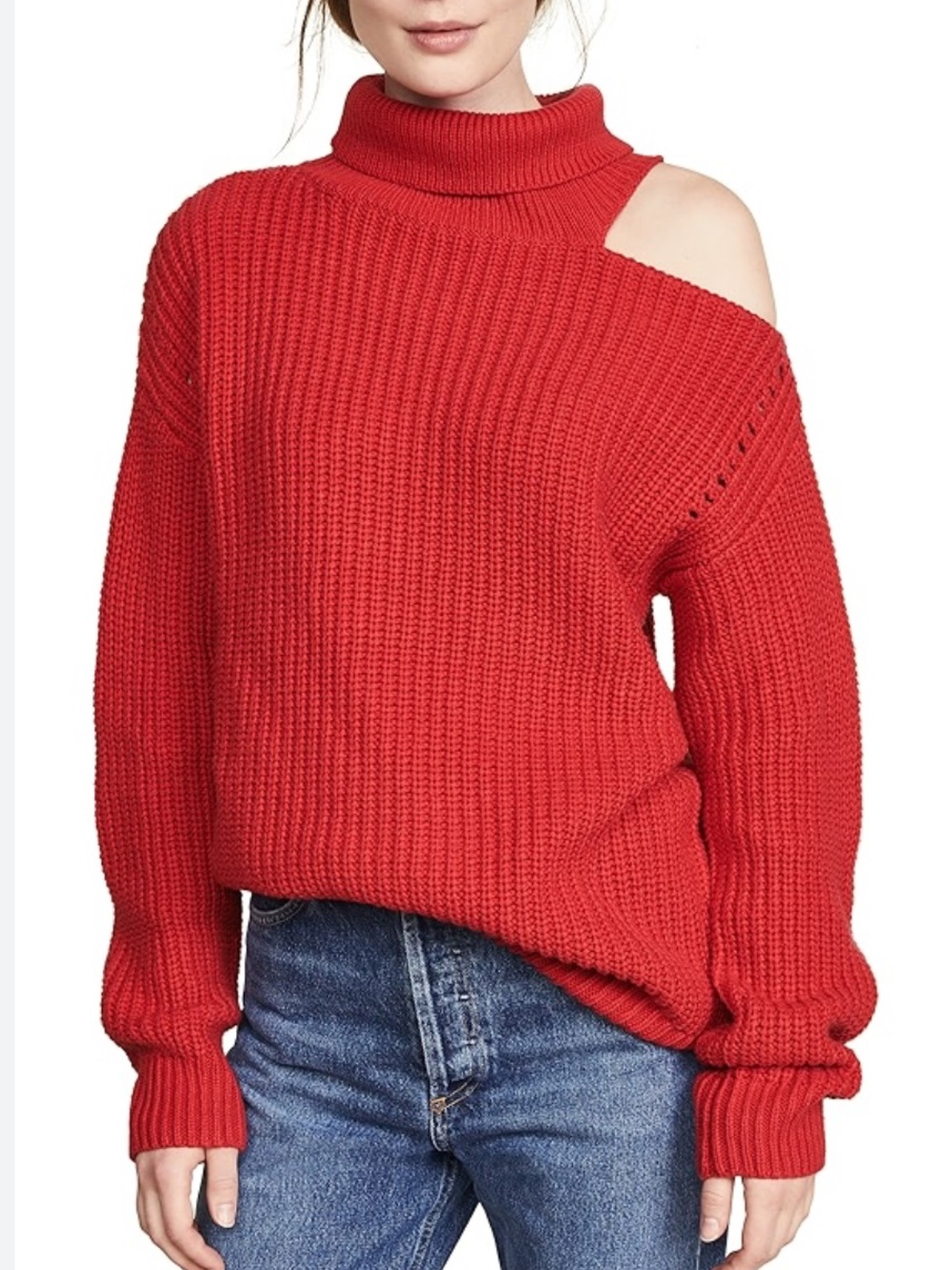 Astr Red One-Shoulder Cutout Oversized Turtleneck Sweater